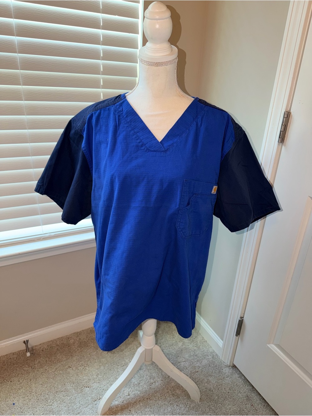 Carhartt Men's Blue V-Neck Short-Sleeve Work Scrub Top with Navy Sleeves